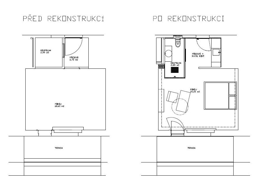 Půdorysy před a po rekonstrukci