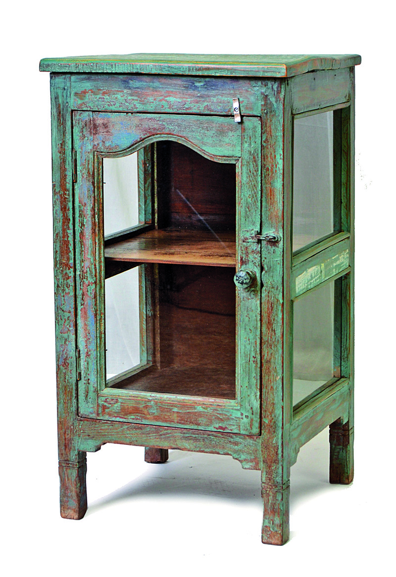 Skříňka, prosklené dveře, tyrkysová antik úprava, starý teak