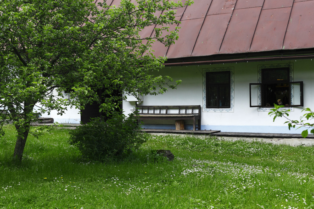 Dvůr nechali zarůst trávou a sedmikráskami po vzoru nedalekých luk. Strmé plechové střechy jsou typické pro oblast Žiarské doliny.