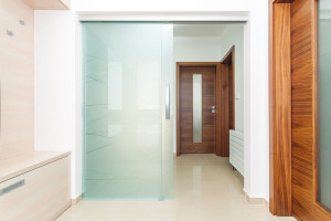 Společnou vstupní halu v přízemí rozdělují skleněné posuvné dveře na zádveří, odkud je vchod do šatny, a spojovací chodbu.