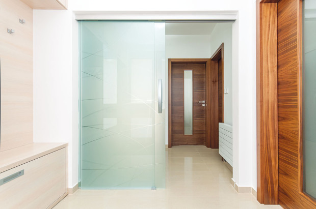 Společnou vstupní halu v přízemí rozdělují skleněné posuvné dveře na zádveří, odkud je vchod do šatny, a spojovací chodbu.