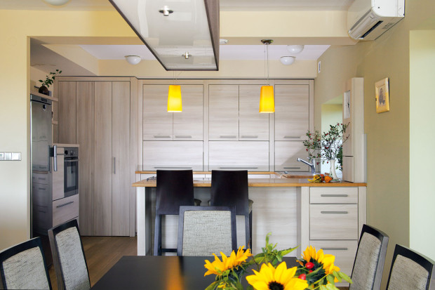 Barevné akcenty v jinak střídmě pojatém interiéru představují žlutá svítidla nad kuchyňským pultem. Majitelé je stylově podpořili výběrem květin na jídelní stůl. FOTO ROBERT ŽÁKOVIČ