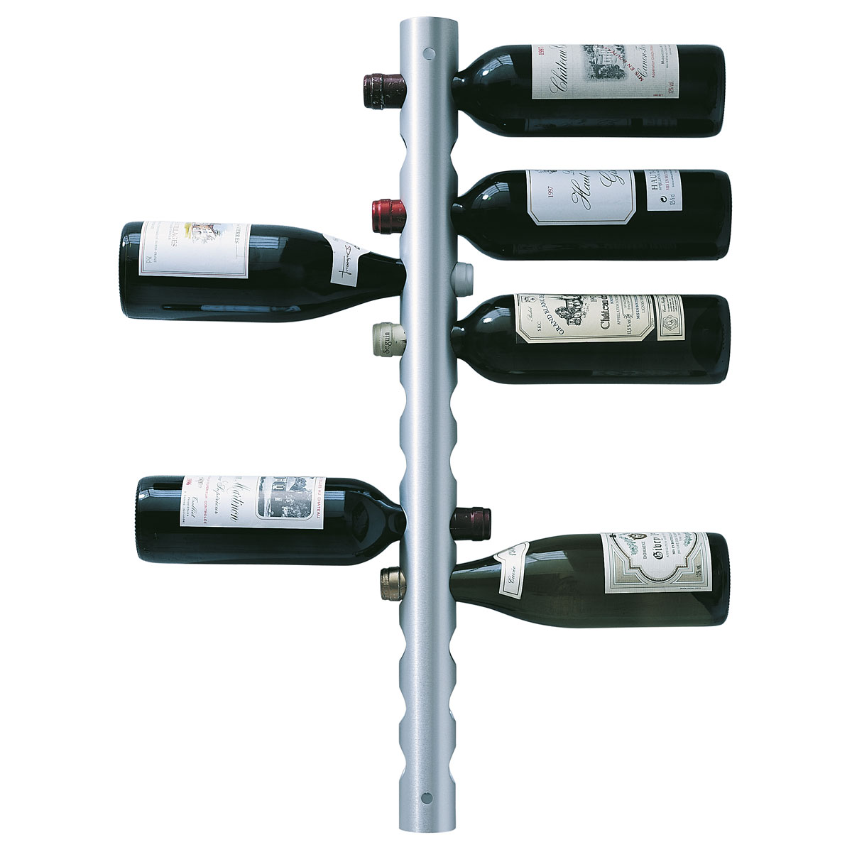 Minimalistický kovový stojan na víno, Rosendahl, na 12 lahví, broušený hliník, průměr 5 cm, výška 75 cm, £ 62, www.amazon.co.uk