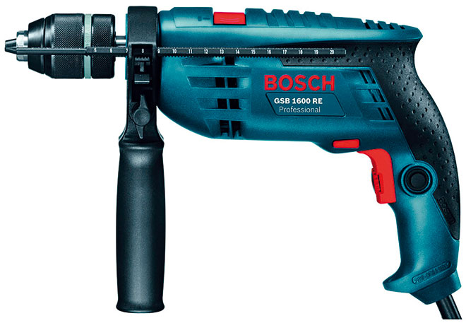Příklepová vrtačka Bosch GSB 1600 RE Professional + sada vrtáků (4, 5, 6, 8 mm), 2 820 Kč