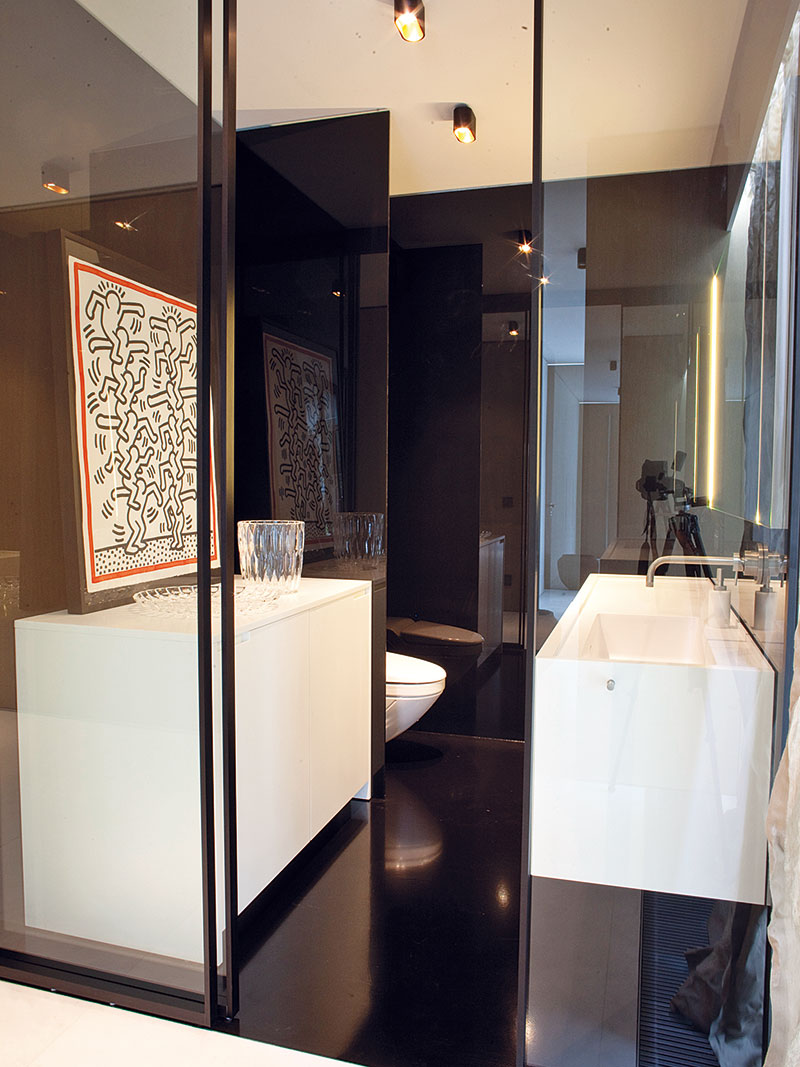 Koupelna pro hosty pro změnu v černobílé kombinaci a – za prosklenými dveřmi.