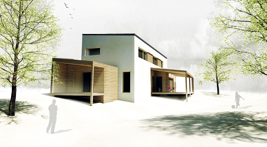 Budoucí podoba domu. Hlavní zasklené plochy jsou orientovány na jih a na západ. zdroj: PROJEKTYDOMU.CZ
