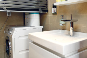 Toaleta pro hosty, přístupná z předsíně, se dotykem tlačítka změní na prádelnu – za žaluzií se objeví pračka a sušička. FOTO DANO VESELSKÝ