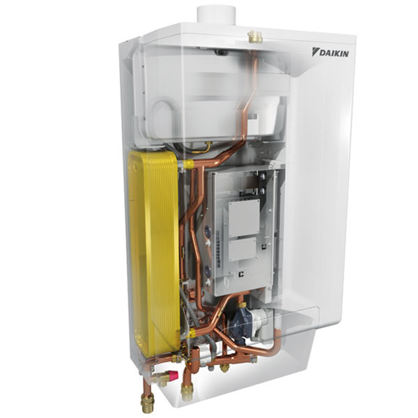 Hybridní tepelné čerpadlo Daikin Altherma kombinuje systém split tepelného čerpadla vzduch-voda (vnitřní a vnější) a plynového kondenzačního kotle. Je určeno pro ohřev teplé vody, vytápění a chlazení. Maximální průtočná teplota 80 °C. Technologie řízení invertorem. FOTO DAIKIN