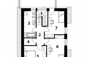 2. NP 1 schodiště 2 hala 3 koupelna 4 šatník 5 ložnice rodičů 6 pokoj 7 pokoj 8 terasa