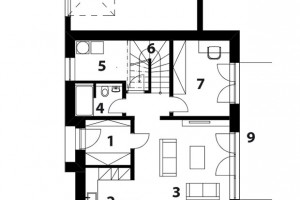 1. NP 1 vstup do domu 2 kuchyně 3 obývací pokoj s jídelnou 4 koupelna 5 technická místnost 6 schodiště 7 pokoj/pracovna 8 garáž 9 terasa