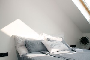 Ložnici rozdělili nábytkem na dvě části – samostatný šatník a romantický kout na spaní. Praktickou postel z palet umístili na světlé místo pod střešní okno. Foto Robert Žákovič