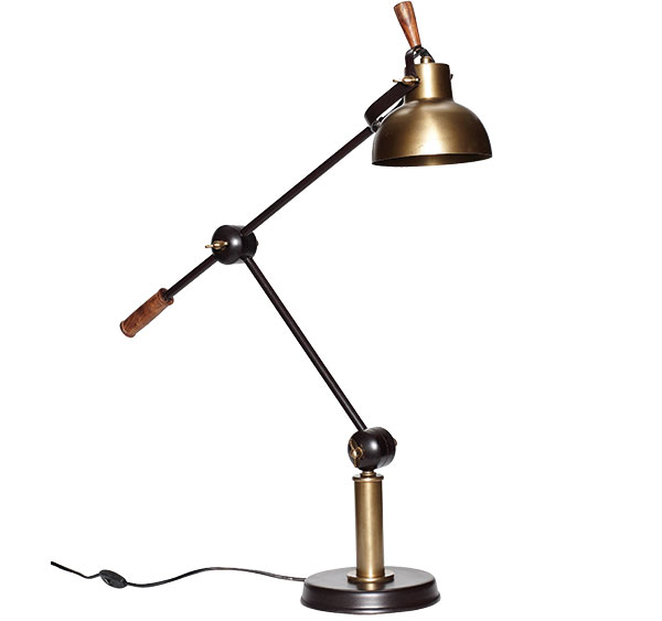 Masivní industriální stolní lampa, Hübsch, kov, dřevo, průměr 16,5 cm, max výška 90 cm, www.nordicday.cz, 5 474 Kč