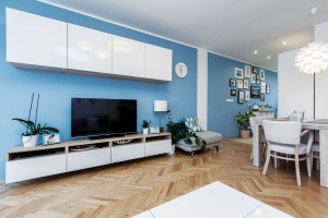 Kuchyňská a obývací část jsou opticky odděleny pomocí bílého pruhu na stěně, který půlí dvě modré plochy. Jde o jednoduchý, a přitom efektní trik. FOTO DANO VESELSKÝ