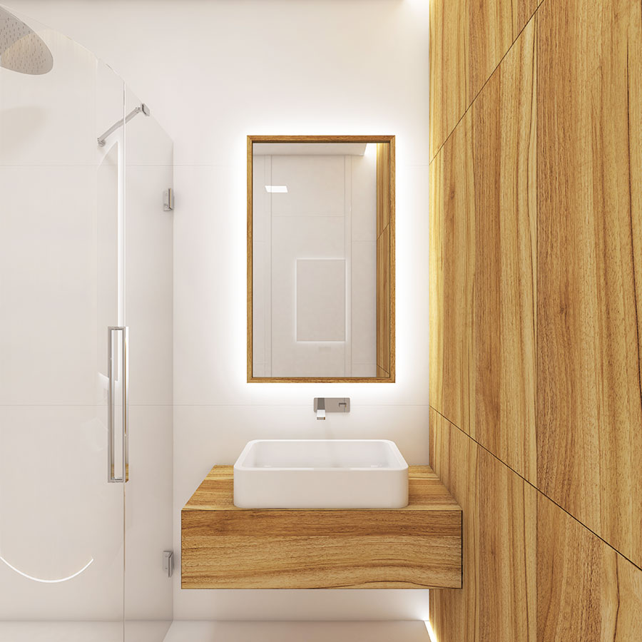 Minimalistická koupelna Guest. Dřevěný dekor v  kombinaci s  bílými plochami a  komponenty i  proskleným koutem působí elegantně a  nadčasově. Bílá barva a  sklo dodají prostoru vzdušnost a  dojem prostornosti, dřevo je příjemně „zateplí“. FOTO PERFECTO DESIGN