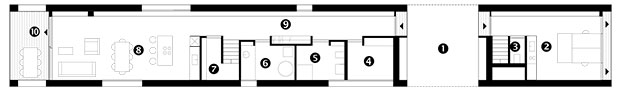 Půdorys přízemí 1 krytý vstup 2 grafické studio 3 WC 4 šatník 5 koupelna 6 technická místnost 7 komora 8 obývací pokoj s  kuchyní a jídelnou 9 chodba 10 terasa
