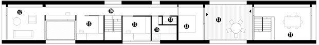 Půdorys poschodí 11 terasa 12 zasedací místnost 13 ložnice 14 WC 15 koupelna 16 chodba 17 obytný prostor, herna