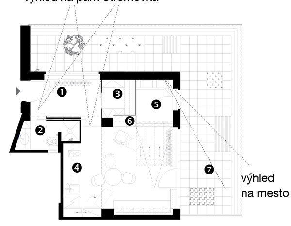Půdorys návrhu 1 zádveří 2 koupelna s toaletou 3 šatník 4 obytný prostor s kuchyní a jídelním sezením 5 spací kout 6 pracoviště 7 terasa