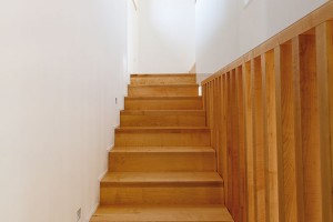 Dřevo a bílá omítka – nesmrtelná kombinace. Na jednoduchém schodišti tyto dva materiály úplně stačily k vytvoření příjemné atmosféry. Foto Dano Veselský