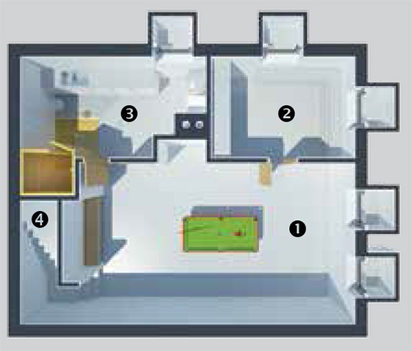 Půdorys suterénu 1 pobytový prostor (biliár) 2 pokoj pro hosty 3 technická místnost, koupelna, sauna 4 schody