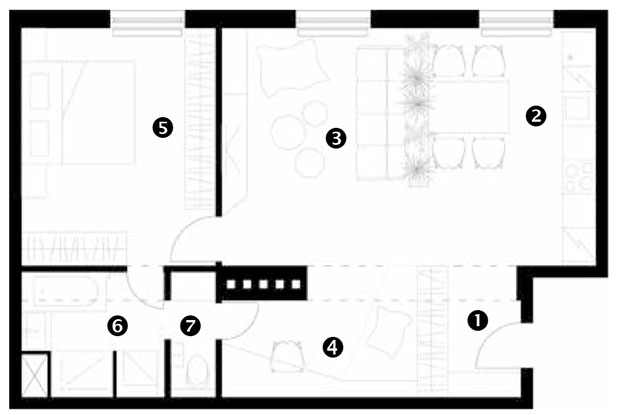 Půdorys návrhu 1 zádveří 2 kuchyň 3 obývací pokoj 4 pracovní kout 5 ložnice 6 koupelna 7 WC
