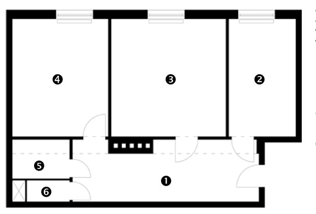 Půdorys původního stavu 1 chodba 2 kuchyň 3 obývací pokoj 4 ložnice 5 koupelna 6 WC