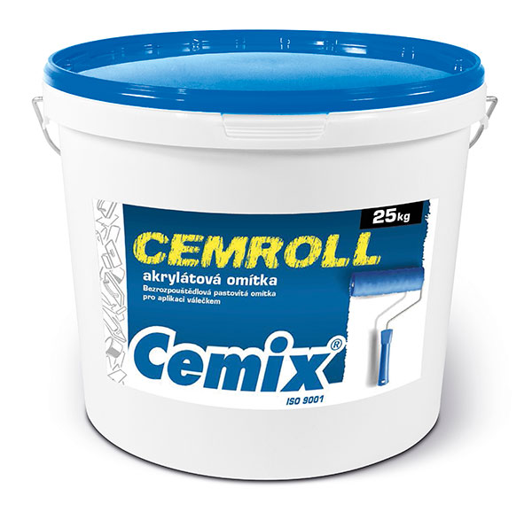 Pastovitá omítka Cemix CEMROLL akrylát v hotovém balení. zdroj: LB Cemix