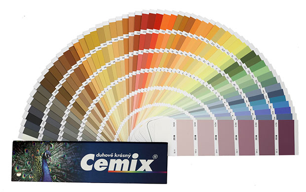 Pastovité omítky Cemix CEMROLL se dají probarvit dle vzorníku Cemix duhově krásný. zdroj: LB Cemix