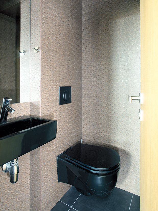 „Plechové stěny“ na toaletě jsou ve skutečnosti z vinylových dílců. „Cena za realizaci i praktičnost tohoto obkladu stěn je ideální a vzhled je téměř k nerozeznání od skutečného plechu,“ prozrazuje autorka nápadu. Foto Róbert Žákovič