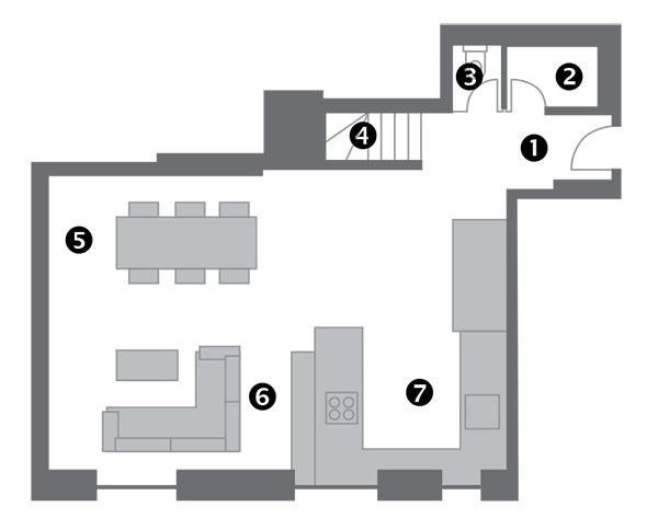 Půdorys přízemí 1 předsíň 2 šatna 3 WC 4 vnitřní schodiště 5 jídelna 6 obývací pokoj 7 kuchyň