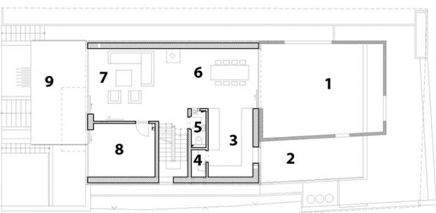 1 severní terasa – patio 2 střešní bylinková zahrádka 3 kuchyň 4 komora 5 WC 6 jídelna 7 obývací pokoj 8 pracovna 9 jižní terasa