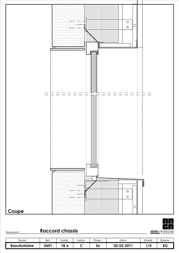 Detail řezu: horní a dolní napojení okenního profilu Schüco AWS 75.SI zdroj Grondal Architecture
