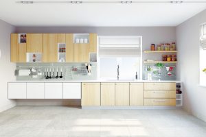 Kombinace přírodního dřeva a bílé barvy vytváří čistou, neutrální kuchyň. Foto shutterstock