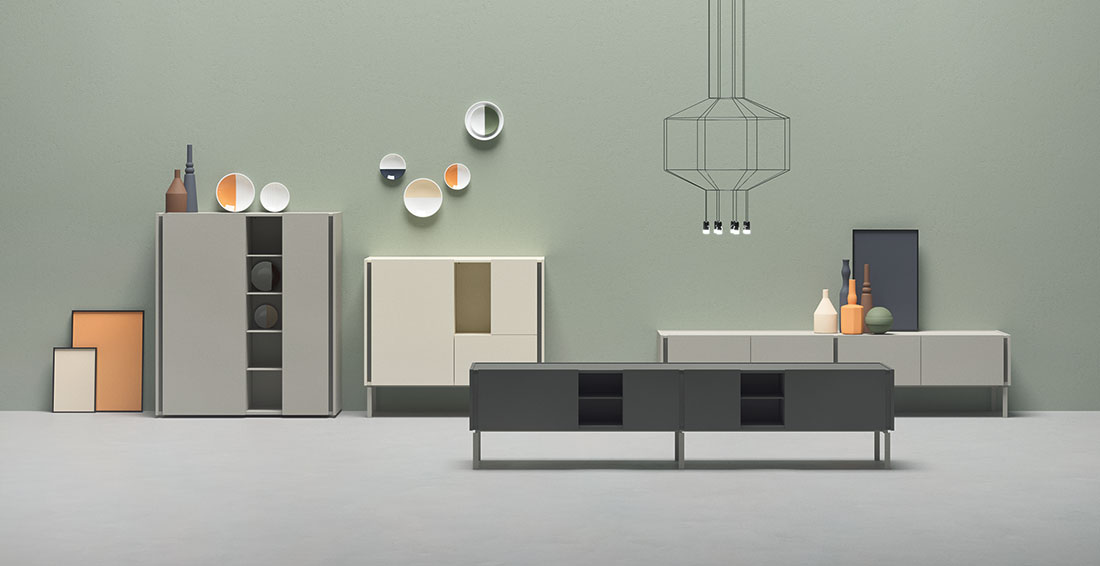 Inspirace retro vzory a tvary, ovšem v moderním provedení, je u nábytku německé firmy Alf DaFre zřejmá. Kolekci DA-DO, která se skládá ze skříně, bočnice a nízké televizní jednotky, charakterizují strohé rovné obdélníkové tvary různých barevných odstínů. Foto Alf DaFre