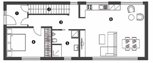Půdorys přízemí 1 předsíň 2 komora pod schody 3 chodba 4 ložnice 5 koupelna + WC 6 otevřený denní prostor – obývací pokoj, jídelna, kuchyň