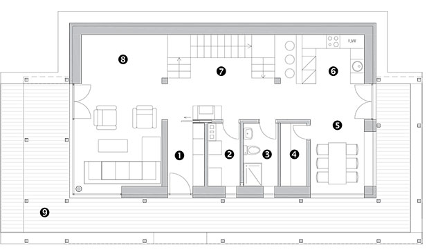 Půdorys přízemí 1 předsíň 2 technická místnost 3 koupelna + WC 4 komora 5 jídelna 6 kuchyň 7 schodiště 8 obývací pokoj 9 terasa