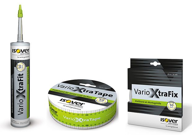 Systémové doplňky Isover VARIO® Xtra – elastický těsnicí tmel a vysoce lepicí spojovací pásky.