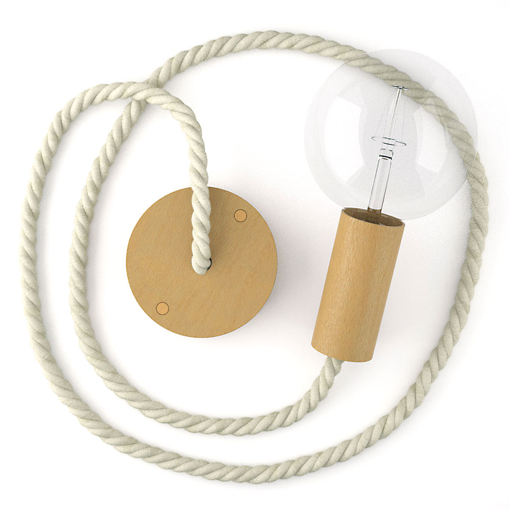 DĚTSKÝ POKOJ můžete dotvořit originálním dřevěným svítidlem, jehož kabel tvoří tlustší námořnické lano ze surové bavlny. Velký výběr barev i různých tloušťek lana nabízí Creative-Cables.
