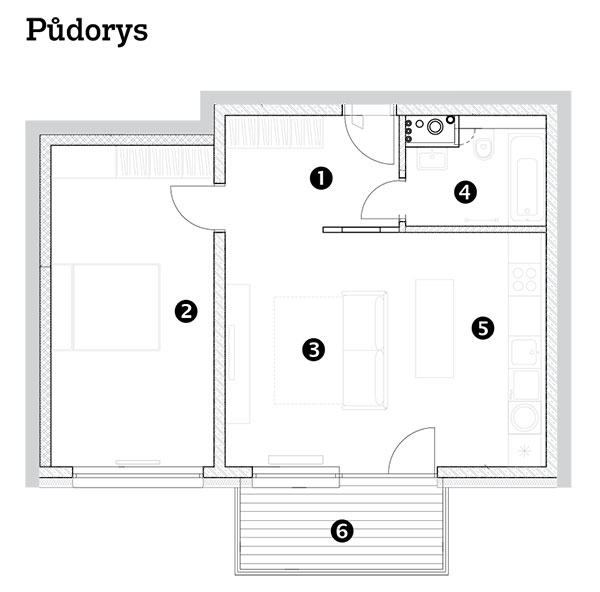 Dvoupokojový byt 1 předsíň 2 pokoj 3 obývací pokoj 4 koupelna + WC 5 kuchyňský kout s jídelnou 6 balkon