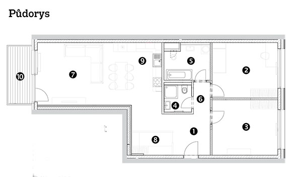 Třípokojový byt 1 předsíň 2 pokoj 3 pokoj 4 koupelna 5 koupelna 6 chodba 7 obývací pokoj s jídelnou 8 šatna 9 kuchyňský kout 10 balkon