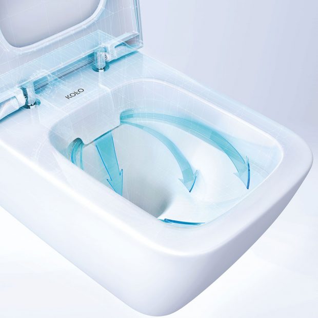 Ergonomicky tvarovaná WC mísa díky patentovanému rozdělovači posiluje proud vody a umožňuje perfektní opláchnutí mísy i při spláchnutí jen 2 litry vody. foto GEBERIT