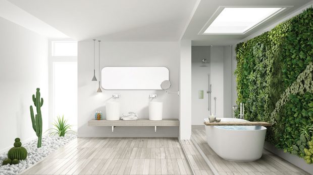 Zelené stěny, jinak také nazývané vertikální zahrady, budou slušet modernímu a jednoduchému interiéru a zajímavou variantou je i umístění v koupelně. FOTO SHUTTERSTOCK