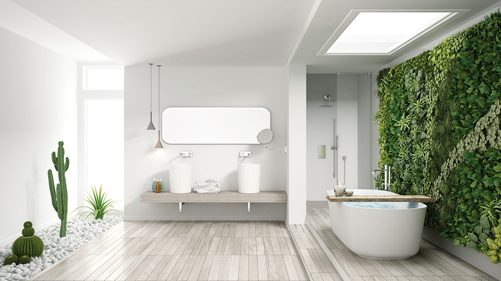 Zelené stěny, jinak také nazývané vertikální zahrady, budou slušet modernímu a jednoduchému interiéru a zajímavou variantou je i umístění v koupelně. FOTO SHUTTERSTOCK