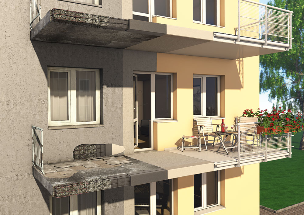 Renovace železobetonových konstrukcí balkonů, porovnání stavu. Foto Baumit