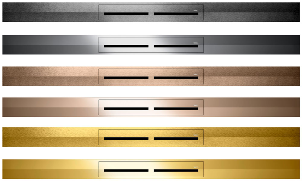 Zlatá, růžově zlatá a černá – barevné varianty PVD povrchu žlábků TECEdrainprofile lehce zkombinujete i s tlačítky TECEsquare II Zdroj TECE