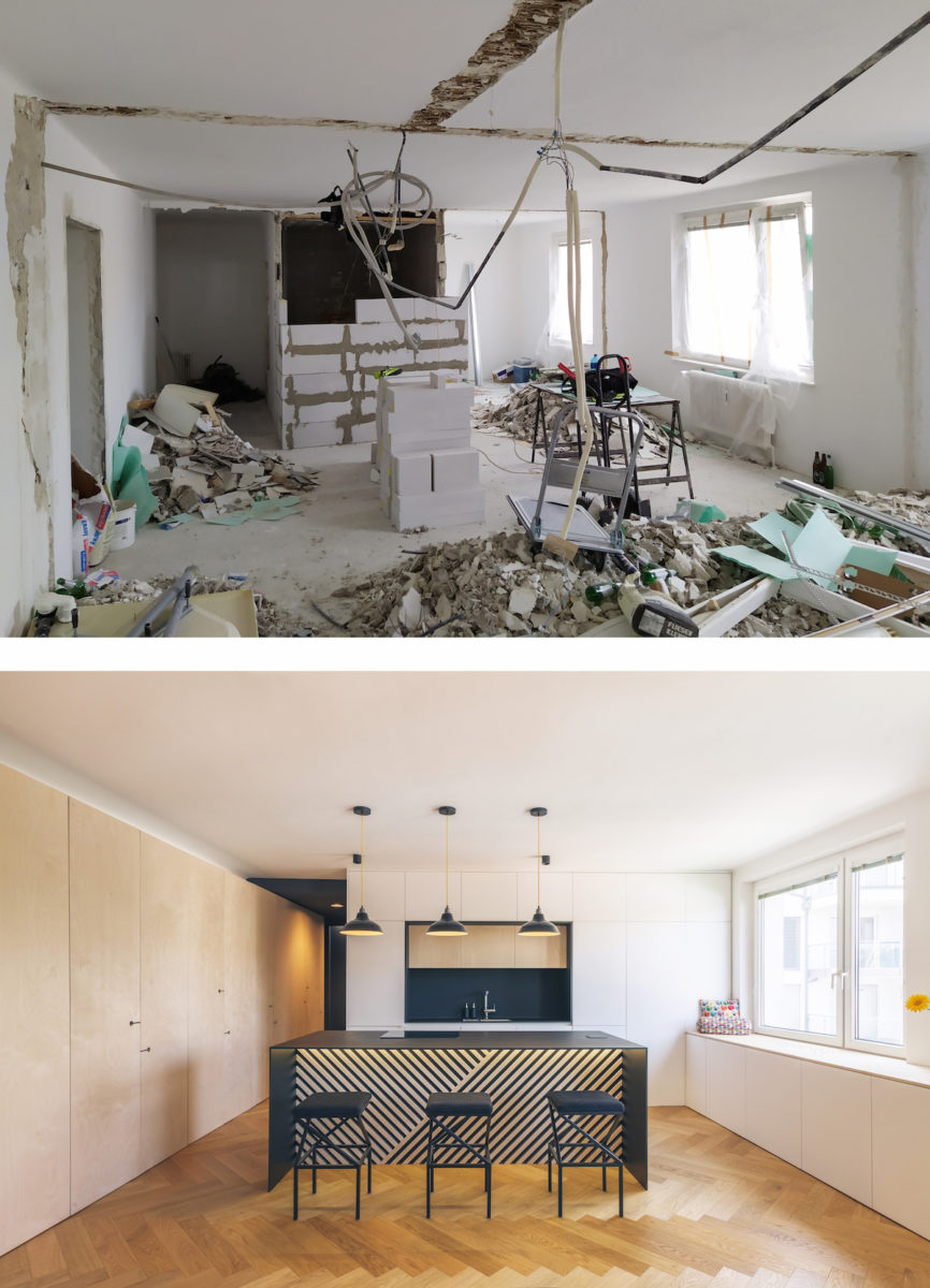 Obývací pokoj před a po rekonstrukci