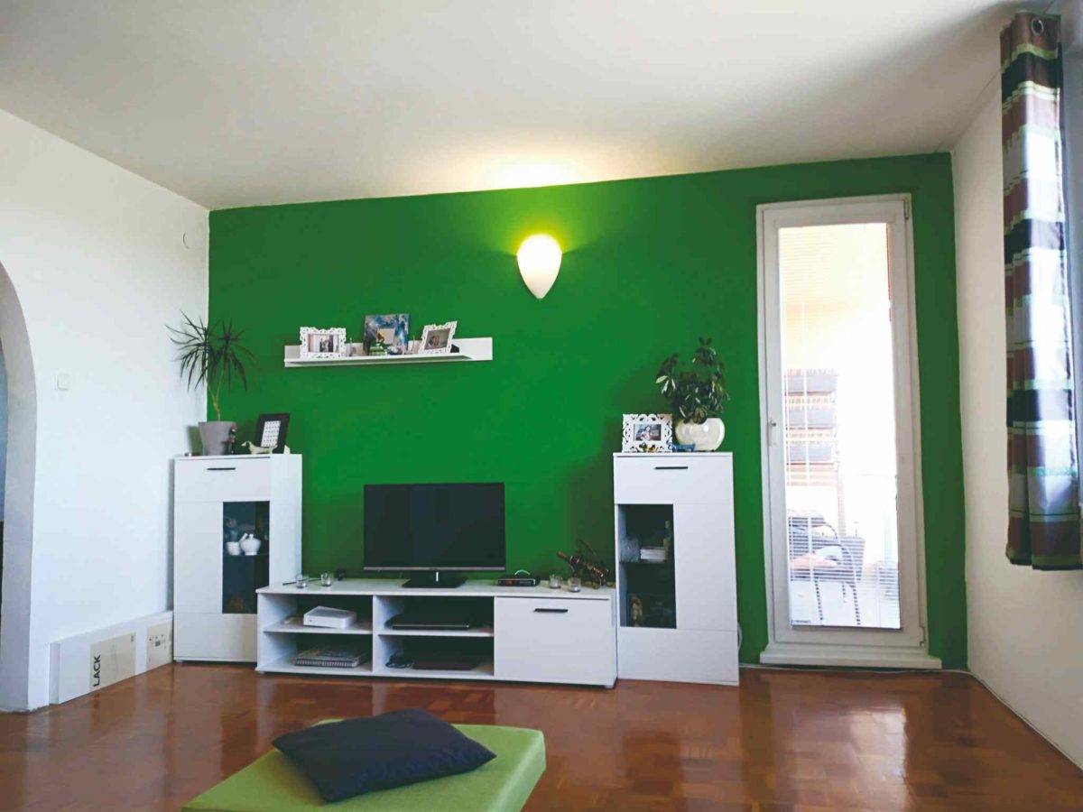 Obývací pokoj zelená stěna
