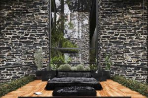 Moderní ložnice s prosklenou stěnou a přírodou
