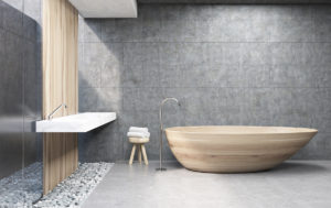 Moderní koupelna s drevěnou vanou