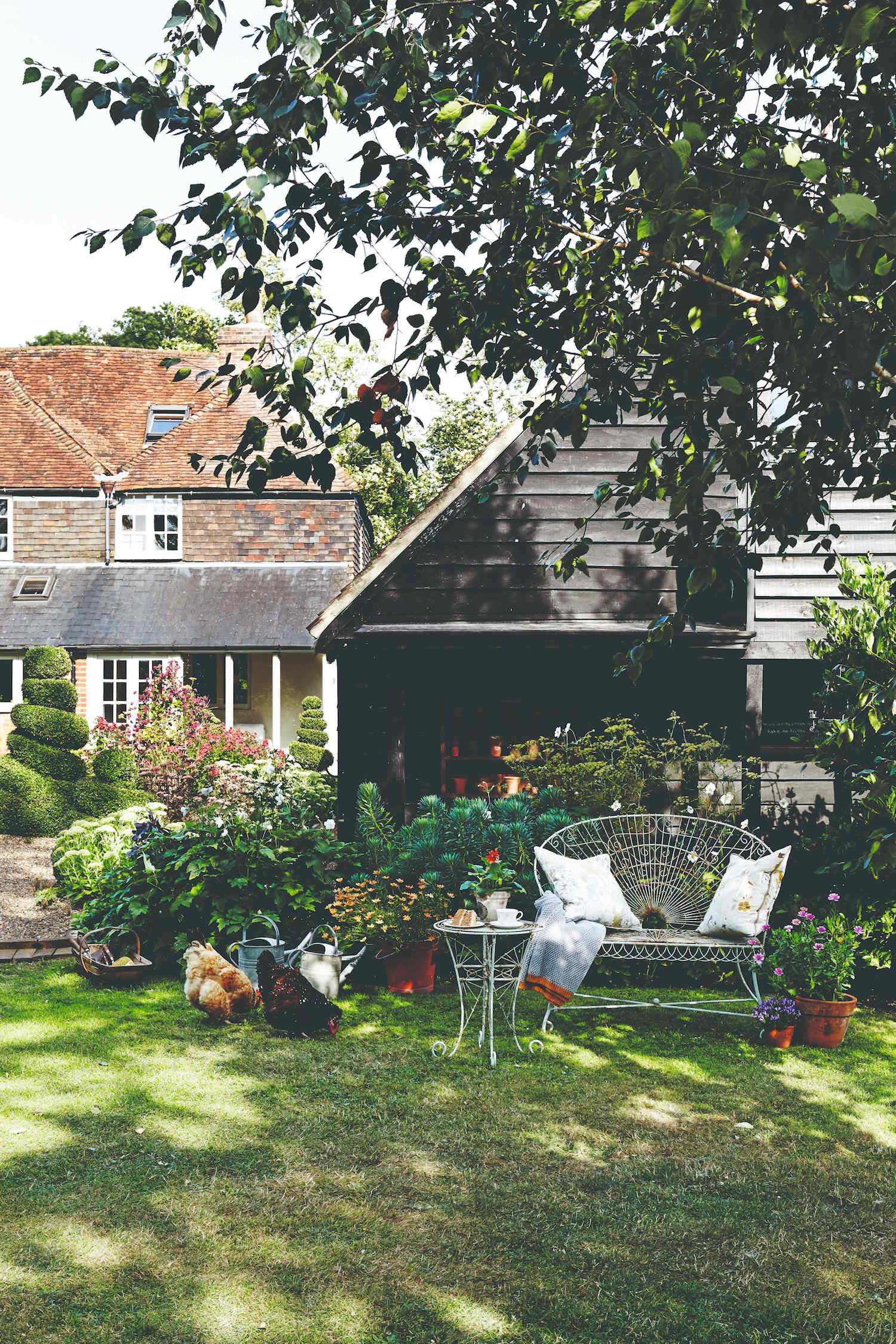 Zahrada s dvěma slepicemi před anglickým domkem