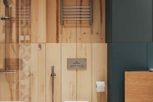 Dřevo a tmavězelená v koupelně